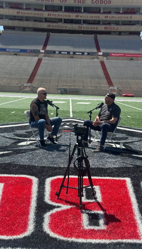 On The Mic With Mike recording on the field at the Lobos football stadium